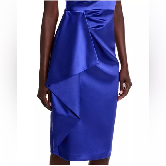 Eliza J Blue Satin Off-the-Shoulder Cocktail Dress Sz 2 | Knee Length Evening - Picture 16 of 16